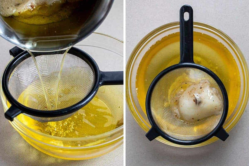 filtering frying oil through a filter net