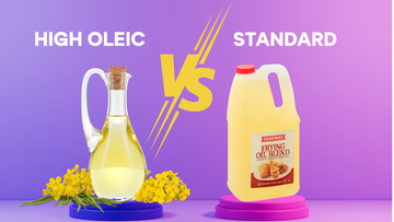 High oleic oil vs standard frying oil comparison graphic with purple and pink and two different types of oil on platforms