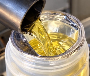 golden clean frying soybean oil draining out of manual deep fryer into original jug