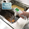 TPM Digital thermometer measuring oil temperature in a deep fryer with text overlay. to test the quality of frying oil