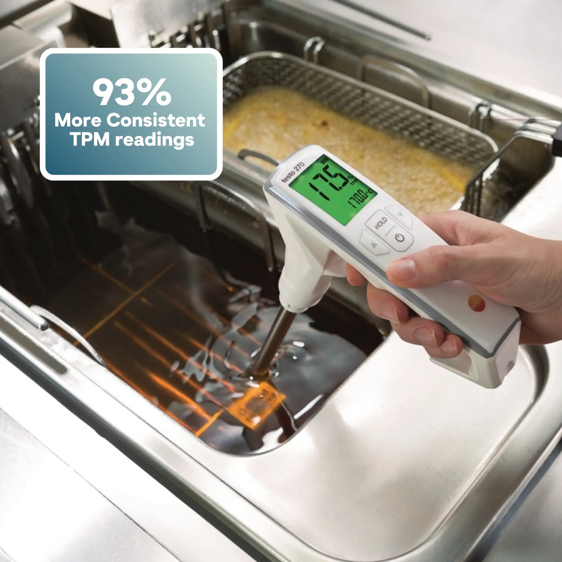 TPM Digital thermometer measuring oil temperature in a deep fryer with text overlay. to test the quality of frying oil