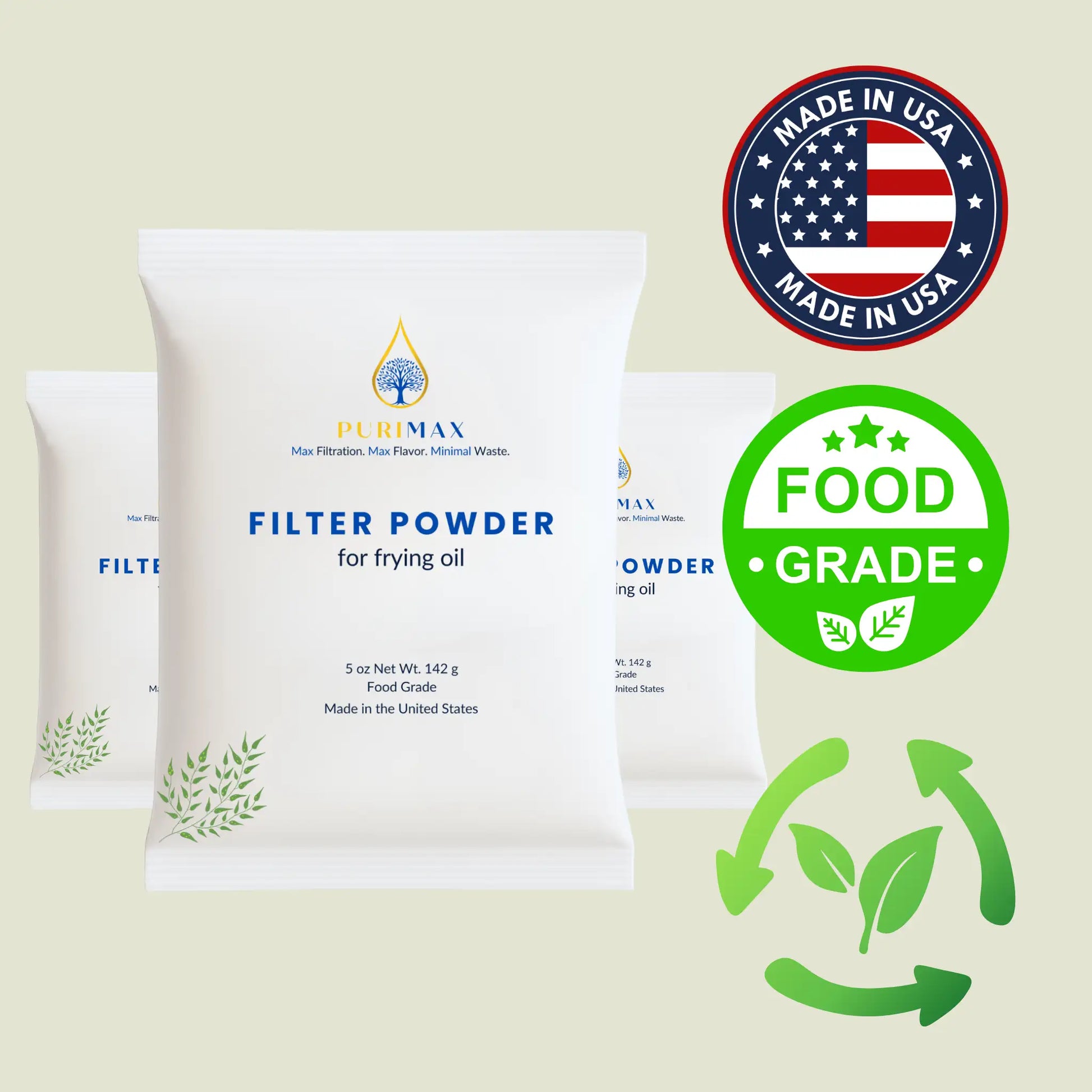 Purimax filter powder packaging with performance claims on a yellow background