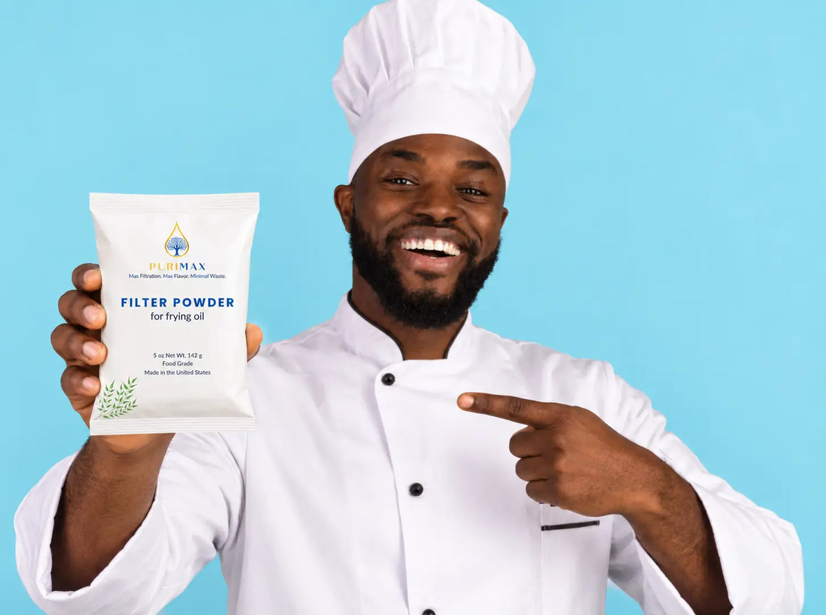 black chef holding purimax filter powder and pointing at it